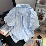 Joskaa Harajuku Sweet Blue Plaid Shirts Women Summer Vintage Puff Sleeve Ruffles Blouses Y2k Grunge Single Breasted Blusas Mujer