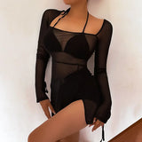 Joskaa hoco dresses Black Mesh Mini Dress Women Sexy Split See Through Beach Dress Summer Fashion Bandage Long Sleeve Bikini Cover Up 2024 Beachwear