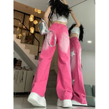 Joskaa American Vintage Star Print Street Denim Pants 2024 Autumn Sweet Pink Trousers Women Y2k Grunge High Waist Wide Leg