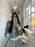 Black Friday Joskaa Emo Striped Print Cropped Tops Gothic Style Devil Ears Zip Up Hoodies for Women Long Sleeve Sweatshirt Cutecore Clothes