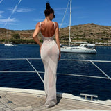 Joskaa Pink Knitted Maxi Dress Women Sexy See Through Backless Slim Club Party Dresses 2024 Summer Fashion Bikini Cover Up Beachwear