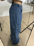 Back To School Joskaa Blue Cargo Jeans Women Hip Hop Vintage Oversize Pockets Stripe Patchwork Wide Leg Denim Pants Y2k Causal Female Trousers