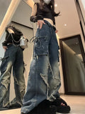 Joskaa American Retro Street Five Pointed Star Pocket Jeans Y2k High Waist Loose Wide Leg Pants  2024 New Straight Denim