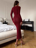 Black Friday Joskaa TRAUXY Sexy Hollow Knitted Dress For Women Long Sleeve Plunge Crocheted High Street Angora Red Bodycon Dress Lady Autumn Fashion