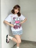 Back To School Joskaa Cutecore Graphic Tee Kawaii Cat Print Short Sleeve T-shirts for Women Japan Style Cotton Funny Tops Oversized Clothes