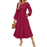 Joskaa Women Long Sleeve Maxi Dresses Casual Crew Neck Dot Tiered Flowy A Line Wedding Guest Dress Casual Fall Dress Fashionable