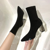 JOSKAA 2024 Pointed Elastic High Heel Socks and Boots Fashion Knitted Breathable Slim Thick Heel short Boots