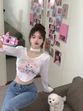 Back To School Joskaa Cartoon Cat Graphic T Shirts Women Kawaii Kitten Cutecore Long Sleeve Tees 2000s Japanese Harajuku Y2k Crop Tops Clothes