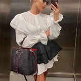 Black Friday Joskaa Ruffled Flare Sleeve Shirt Dress For Women With High Waisted Shorts Contrast Color Patchwork Mini Party Dress Autumn New