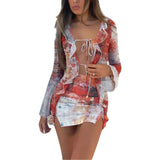 Joskaa women Dresses Vacation Style Printing Net Stitching Outfits Dress Wood Ear Long Sleeve Slim Fitting Hip Summer Lace Dress