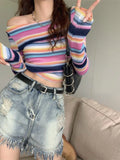 Black Friday Joskaa Long Sleeve Striped Sweater Off Shoulder Jumpers for Women 2024 Kawaii Pullover Y2k Korean Style Sweet Girls Top Fashion