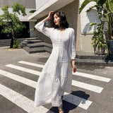 Joskaa-Lace Elegant Women's Dress Spring Hollow Button V Neck Lantern Sleeve White Long Dresses Boho Casual Holiday Vestidos