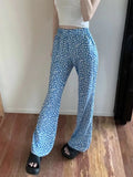 Joskaa Korean Summer Daisy Floral Print Blue Pants Y2k E-Girl High Waist Thin Flare  2024 New Loose Wide Leg  Women