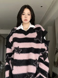 Black Friday Joskaa Harajuku Striped Sweater Oversize Y2k Style Pink Detachable Sleeves Star Print Jumpers Gothic Winter Korean Alt Clothes