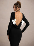 Black Friday Joskaa Elegant Backless Bows Maxi Dress Female Chic Bodycon Long Sleeve Club Party Outfits Fashion Black Dresses Vestido Ladies