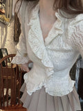 Joskaa Spring Vintage Lace Sweet Tops Women Soft Causal V-neck Elegant Shirts Female Cute Petal Sleeve Holiday Fairy Blouses 2024 New