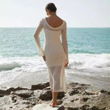 Joskaa hoco dresses White Knitted Beach Dress Women Elegant Long Sleeve Loose Maxi Holiday Dresses Summer Sexy Hollow Out Bikini Cover Up Dress 2024