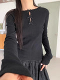 Joskaa Korean Fashion Bow Hollow Out Knitted T-shirts Y2k E-Girl Slim Fit Black Tops Women 2024 Summer New O-neck Bottoming Tees