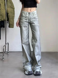 Joskaa American Street Silver White Jeans for Women Y2k E-Girl Low-waisted Denim Pants Spring Summer New Loose Wide Leg