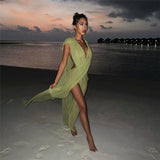 Joskaa Green Casual Loose Beach Dress Women Sexy See Through Irregular Holiday Dresses Summer High Split Bikini Cover Up Dress 2024