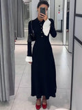 Black Friday Joskaa Flare Sleeve Splice Knitted Long Dress For Women Casual High Waist Button Lapel Sweater Dress Elegant Autumn Party Dress