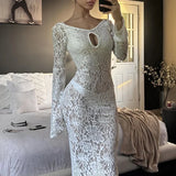 Black Friday Joskaa White Sexy Lace Hollow Long Sleeve Dress For Women See Through Maxi Dress Hot Girl Fashion Bodycon Backless Outfits Lady