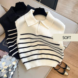 Back To School Joskaa Retro lapel zipper stripe knitted waistcoat women Autumn Winter Korean fashion sleeveless sweaters casual simple pullover vest