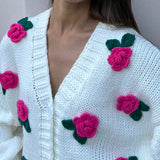 Black Friday Joskaa 3D Rose Flower Knitted Cardigan Female 2024 Autumn Winter Hand-Knitted Sweater Jacket V Neck Fashion Splice Casual Top