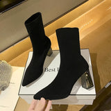 JOSKAA 2024 Pointed Elastic High Heel Socks and Boots Fashion Knitted Breathable Slim Thick Heel short Boots