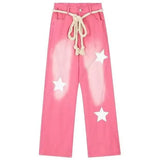 Joskaa American Vintage Star Print Street Denim Pants 2024 Autumn Sweet Pink Trousers Women Y2k Grunge High Waist Wide Leg