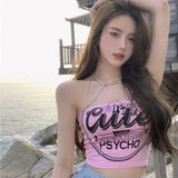 Joskaa Sweet Pink Letter Print Camisole Vest for Women Summer Sexy Off Shoulder Tank Top Y2k E-Girl Bottoming Strapless Tops Female