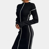 Black Friday Joskaa Elegant Line Knitted Dress For Women Slim Fit Hip-Covering Long Sleeve Round Neck Long Dresses 2024 Autumn Commuting New