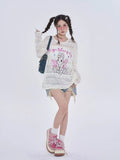 Black Friday Joskaa Anime Women Sweater Oversize Spider Web Mesh Long Sleeve Top Y2k Kawaii Rabbit Embroidery Korean Style Cutecore Clothes