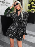 Black Friday Joskaa Fashion Dot Lace Up Dress Female Puff Sleeve A-Line Hem Dress Office Lady Elegant Slim Dresses High Street Autumn 2024