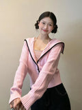 Black Friday Joskaa Y2k Pink Knitted Cardigan Sailor Collar Long Sleeve Sweater Women Korean Fashion Preppy Style Autumn Winter Cute Clothes