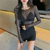 Joskaa Fashion Moon See Through Mesh Bottoming T-shirts 2024 Summer Sexy Slim Fit Tops Women Y2k Grunge Long Sleeve Black Tee Shirt