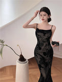 Joskaa Lace Black Elegant Women Dress Vintage Strap Embroidery Floral Mermaid Midi Club Gown Robe Femme Ropa Sexy Mujer Verano Vestidos