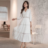 Joskaa-Lace Elegant Women's Dress Spring Hollow Button V Neck Lantern Sleeve White Long Dresses Boho Casual Holiday Vestidos