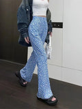 Joskaa Korean Summer Daisy Floral Print Blue Pants Y2k E-Girl High Waist Thin Flare  2024 New Loose Wide Leg  Women