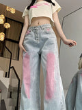 Joskaa American Washed Graffiti Retro Denim Pants for Women 2024 Summer New Loose Flare  Y2k E-Girl Straight Wide Leg Jeans