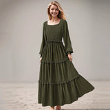 Joskaa Women Stylish Long Sleeve Gathered Maxi Dress Casual Square Neck Dot Layered Ruffle Flowy Dresses For Women Casual Fall Trendy