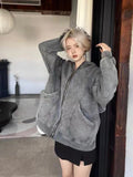 Black Friday Joskaa Grey Retro Zip Hoodie Women High Street Oversize Zipper Jacket Sweatshirt Streetwear Safari Style Loose Paired Clothes