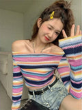 Black Friday Joskaa Long Sleeve Striped Sweater Off Shoulder Jumpers for Women 2024 Kawaii Pullover Y2k Korean Style Sweet Girls Top Fashion