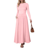 Joskaa Women Fashion Maxi Skirt Casual Round Neck Solid Color Pleated Pocket Slim Fit Long Sleeve Dresses For Women Knee Length