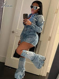 Joskaa Blue Denim 3 Piece Set Women Sexy Lapel Button Long Sleeve Mini Dress and Trousers Leg Matching Fall 2024 Streetwear