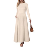 Joskaa Women Fashion Maxi Skirt Casual Round Neck Solid Color Pleated Pocket Slim Fit Long Sleeve Dresses For Women Knee Length