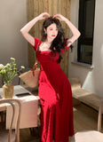 Joskaa French Vintage Midi Dresses for Women 2024 New Summer Print Elegant Party Sweet Female Clothes Korean Casual Red Evening Dress