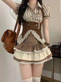 Joskaa 2024 Summer Sweet Japanese 3 Piece Set Women Striped Y2k Crop Tops Casual Lace Mini Skirt Solid Vest Vintage Fashion Suit Chic