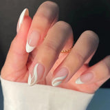 Joskaa Christmas manicure  Fall nails back to school W130 Elegant and Chic White False Nails with Wavy Lines Patterns，New Fashion False Nails for Women - Waterdrop-shaped Wearable