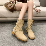 2024 New Women Leather Ankle Boots Thick Low Heels Pointed Toe Western Cowboy Boots  Warm Autumn Winter Short Shoes Woman